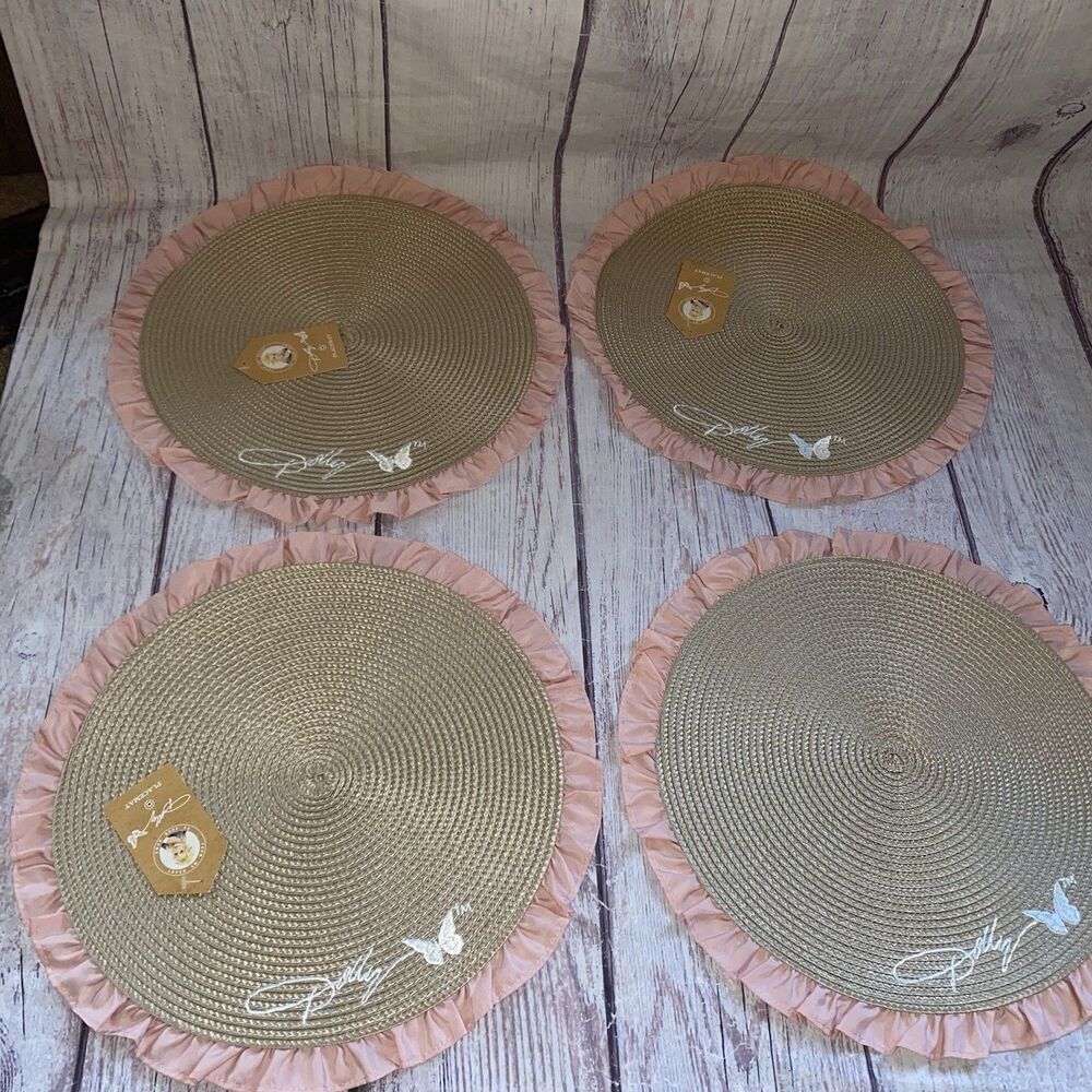 Set Of 4 Dolly Parton Pink Ruffle Round Placemats Signature Butterfly Farmhouse